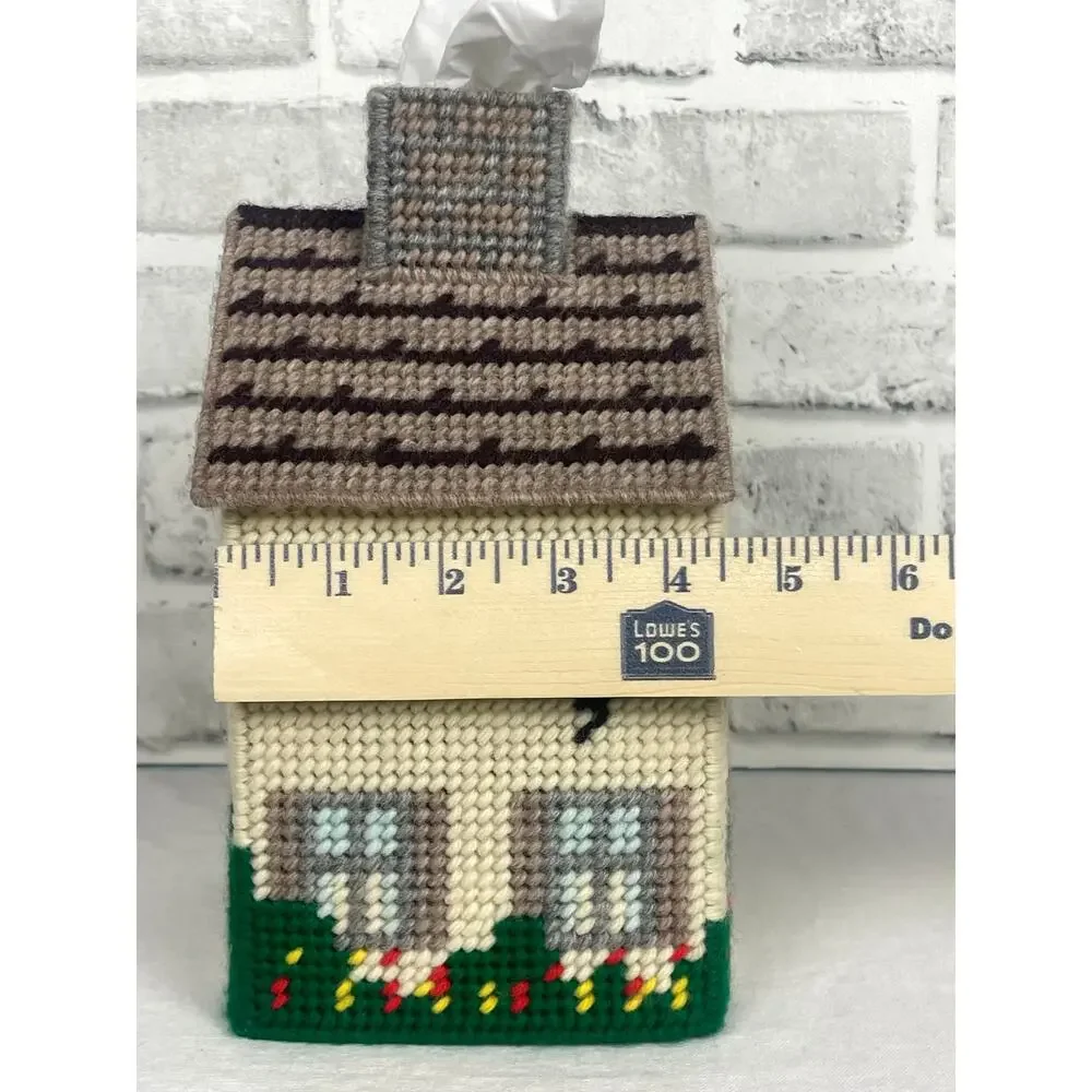 Vintage Needlepoint Tissue Box Cover House Cottage Plastic Canvas Handmade Craft